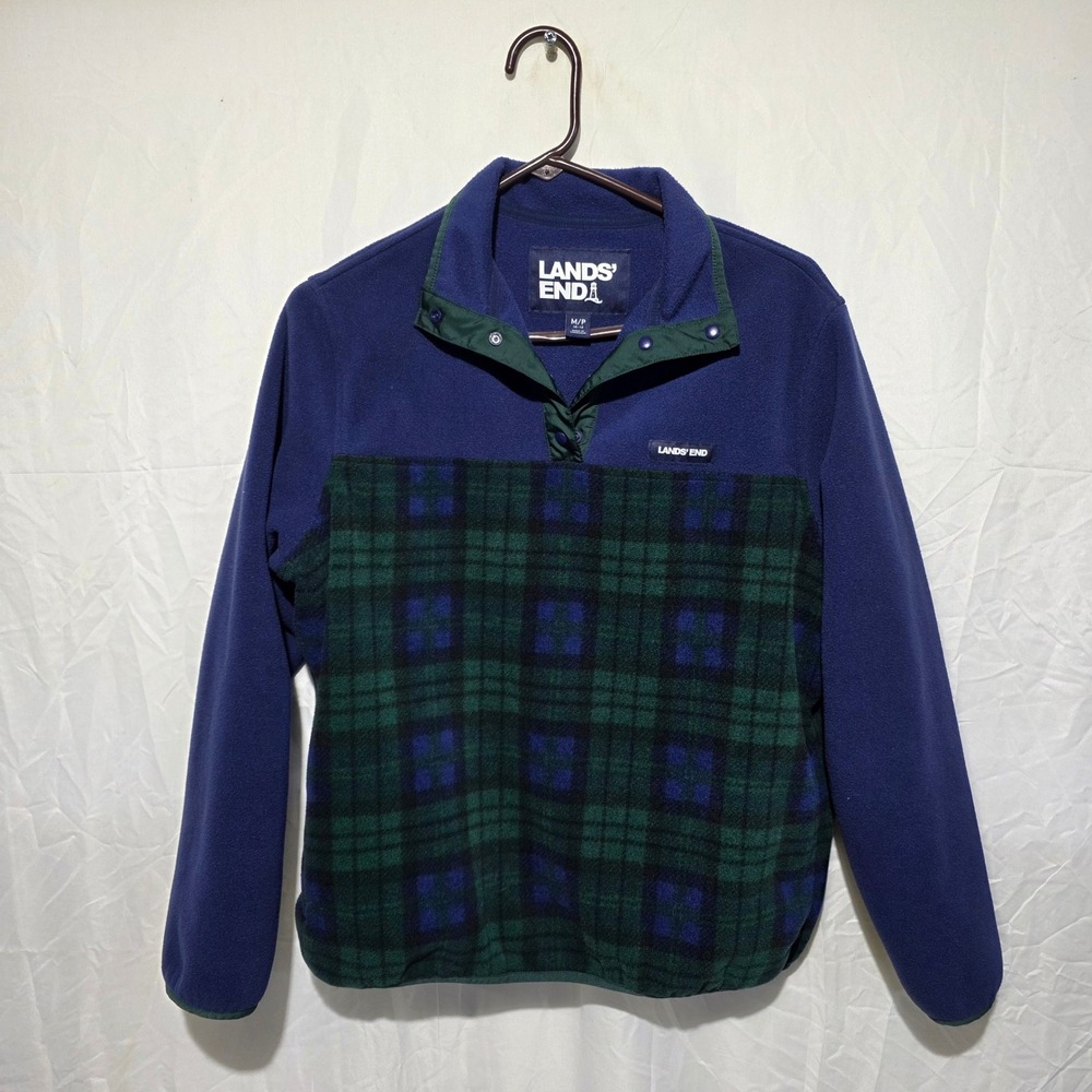 Lands End Fleece Pullover Navy Blue Green Plaid Snap Neck Size M 10-12